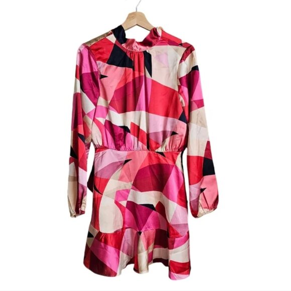 FATE Long Sleeve Pink Multicolor Puzzle Me Satin Mini Dress Size Medium (326) - Picture 2 of 6